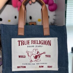 True Religion Blue Denim Tote with Tan Handles